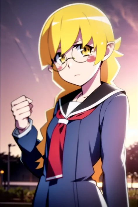 1girl, solo, female, (oshino_shinobu),<lora:loraOshinoShinobu-v1:0.8>, (blonde) (blonde_hair), (yellow_hair), ((long_hair)), ((bangs)), (yellow_eyes), blush, cute, innocent face, pointy_ears, (blush_stickers), flat_chest,
braid, (twin_braids), (serafuku), bespectacled, school_uniform, glasses, bow, hand
global illumination, hdri, subsurface scattering, masterpiece, 4k, raytrace, beautiful, sharp, smooth skin, bloom, (anime)
sunset, nature, school