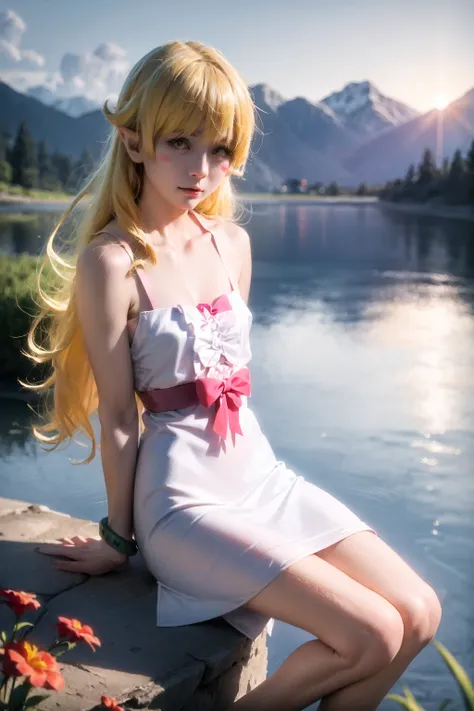 1girl, solo, female, (oshino_shinobu),<lora:loraOshinoShinobu-v1:0.6>, (blonde) (blonde_hair), (yellow_hair), ((long_hair)), ((bangs)), (yellow_eyes), blush, pointy_ears, (blush_stickers), flat_chest,
white_dress, bow, bracelet, sitting on the floor, arms_down
global illumination, hdri, subsurface scattering, masterpiece, 4k, raytrace, beautiful, sharp, smooth skin, bloom, realistic, photorealistic:1.4
sunset, nature, mountains, clouds, grass, flowers, fireflies, lake
