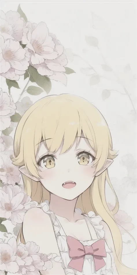 1girl,solo,(oshino_shinobu),<lora:shinobuOshino_loraoshinoshinobuV1:0.4>,<lora:Colorwater_v4:0.4>,<lora:fashionGirl_v50:0.2>,masterpiece,<lora:animeLineartStyle_v20Offset:0.9>,(blonde) (blonde_hair), (yellow_hair), ((long_hair)), ((bangs)), (yellow_eyes), blush, innocent face, pointy_ears, (blush_stickers),flat_chest,dress, bow, bracelet, fangs,beautiful, sharp, smooth skin, bloom,blush,between legs,portrait global illumination, hdri, subsurface scattering,raytrace, beautiful, sharp, smooth skin, bloom, anime sunset, skinny,nipples,