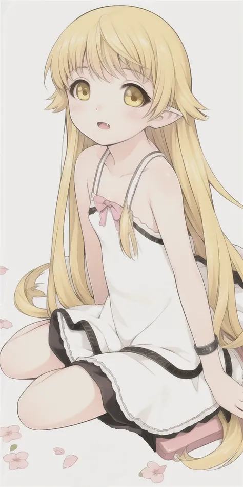 1girl,solo,(oshino_shinobu),<lora:shinobuOshino_loraoshinoshinobuV1:0.4>,<lora:rangeMurataMurataRenji_v10:0.8>,masterpiece,<lora:animeLineartStyle_v20Offset:0.9>,murata ranji, range murata,(blonde) (blonde_hair), (yellow_hair), ((long_hair)), ((bangs)), (yellow_eyes), blush, innocent face, pointy_ears, (blush_stickers), flat_chest, dress, bow, bracelet, fangs,beautiful, sharp, smooth skin, bloom,blush,between legs,portrait global illumination, hdri, subsurface scattering,raytrace, beautiful, sharp, smooth skin, bloom, anime sunset, skinny,covered nipples,