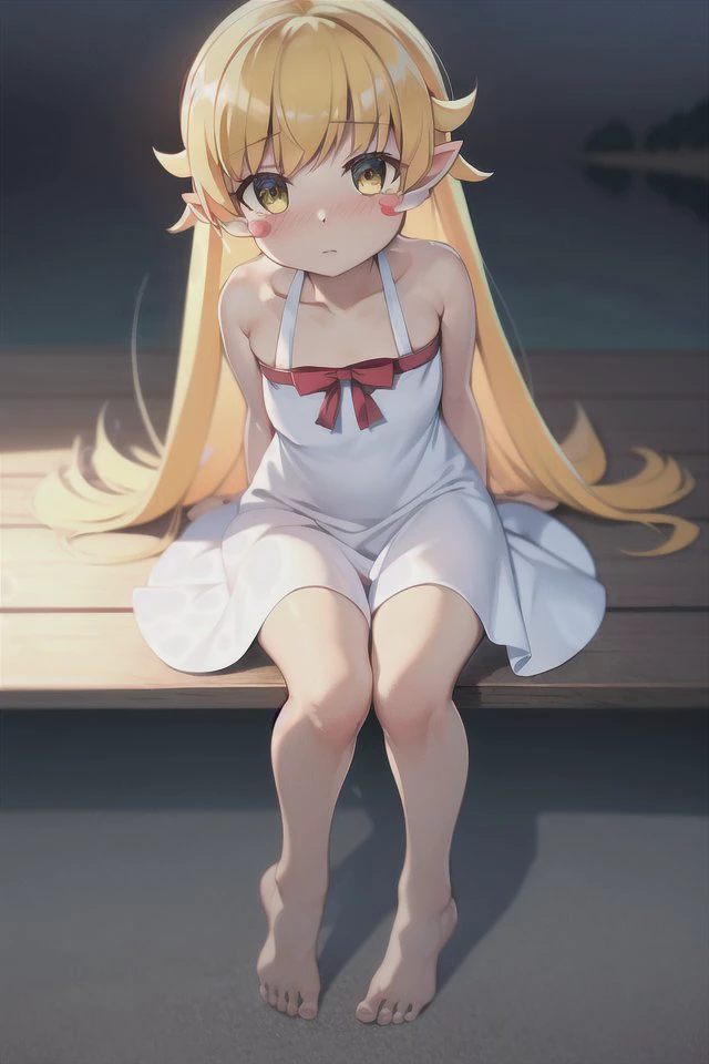 ultra-detailed,(8k, RAW photo, best quality, masterpiece), dslr, high quality, <lora:shinobuOshino_loraoshinoshinobuV1:0.8> (blonde) (blonde_hair), (yellow_hair), ((long_hair)), ((bangs)), (yellow_eyes), blush, pointy_ears, (blush_stickers), big brest, white_dress, bow,  barefoot, beautiful, sharp, smooth skin,