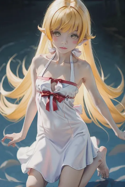 ultra-detailed,(8k, RAW photo, best quality, masterpiece), dslr, high quality, <lora:shinobuOshino_loraoshinoshinobuV1:0.8> (blonde) (blonde_hair), (yellow_hair), ((long_hair)), ((bangs)), (yellow_eyes), blush, pointy_ears, (blush_stickers), flat_chest, white_dress, bow, barefoot, beautiful, sharp, smooth skin,