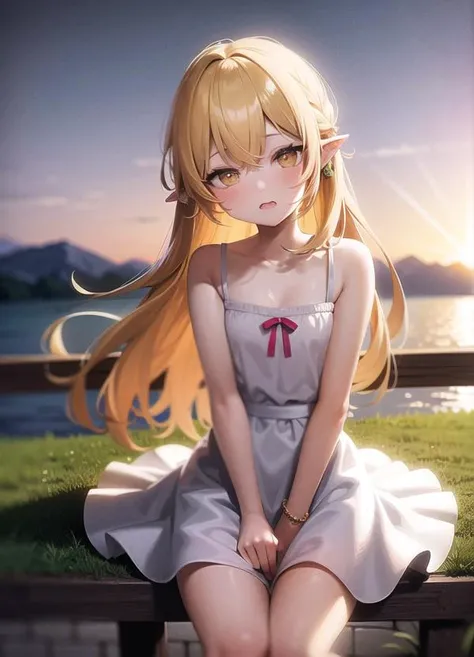 1girl, solo, female, (oshino_shinobu),<lora:loraOshinoShinobu-v1:0.6>, (blonde) (blonde_hair), (yellow_hair), ((long_hair)), ((bangs)), (yellow_eyes), blush, cute, innocent face, pointy_ears, (blush_stickers), flat_chest, dress, bow, bracelet, fangs, portrait global illumination, hdri, subsurface scattering, masterpiece, 4k, raytrace, beautiful, sharp, smooth skin, bloom, anime sunset, nature, mountains, clouds, grass, flowers, fireflies, lake