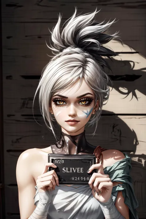 (masterpiece, best quality), intricate details, (Best quality)), ((masterpiece)), fractal art:1.2), 
(1girl), <lora:Riven-000016:1> riven \(league of legends\), folded ponytail,  white hair,(black eyeshadow, white face mark:1.3),  bare shoulders,yellow eyes,white hair, smirk, seductive smile, 
extreme detailed eyes, colorful, highest detailed, vibrant colors, high contrast,
<lora:add_detail:1>, 
 <lora:barbie_mugshot_A:0.8> barbie mugshot,  holding sign,