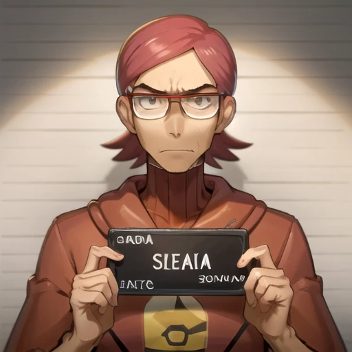 masterpiece, best quality, <lora:barbie_mugshot_A:0.7>, <lora:MaxieLora:0.7>, maxie \(pokemon\), ribbed shirt, red coat, barbie mugshot, glasses, serious, holding sign, frown, cheekbones, 1boy