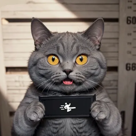 barbie mugshot, (a fat Chartreux cat), holding sign, big eyes, evil smile, open mouth,
portrait, no humans,
<lora:barbie_mugshot_A:0.8>, (Chi_testv1:0.3),  <lora:Chartreux_v2:0.3>