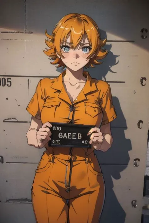 mugshot, woman s mugshot holding placard, dark theme, 
BREAK,
Igawa, Igawa wearing an orange prison jumpsuit, large breasts, embarrassed,
BREAK,
((Sad woman prison mugshot)), wearing an ((orange buttoned prison jumpsuit uniform, short sleeve top)),(standing),
BREAK,
Generate a mugshot