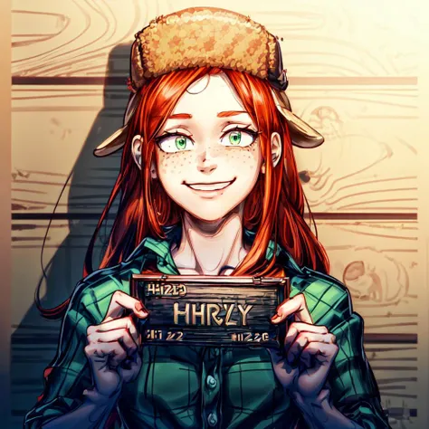 masterpiece, highly detailed<lora:wendy_corduroy:.65>,<lora:more_details:.4>,<lora:add_detail:.7>,Wendy Corduroy, 1girl, solo, from behind, upper body, looking at viewer, long red hair, wearing hat, green eyes, smug smile, ((freckles)),  <lyco:LycobarbieMugshot_A:.6>, barbie mugshot, holding sign, height chart