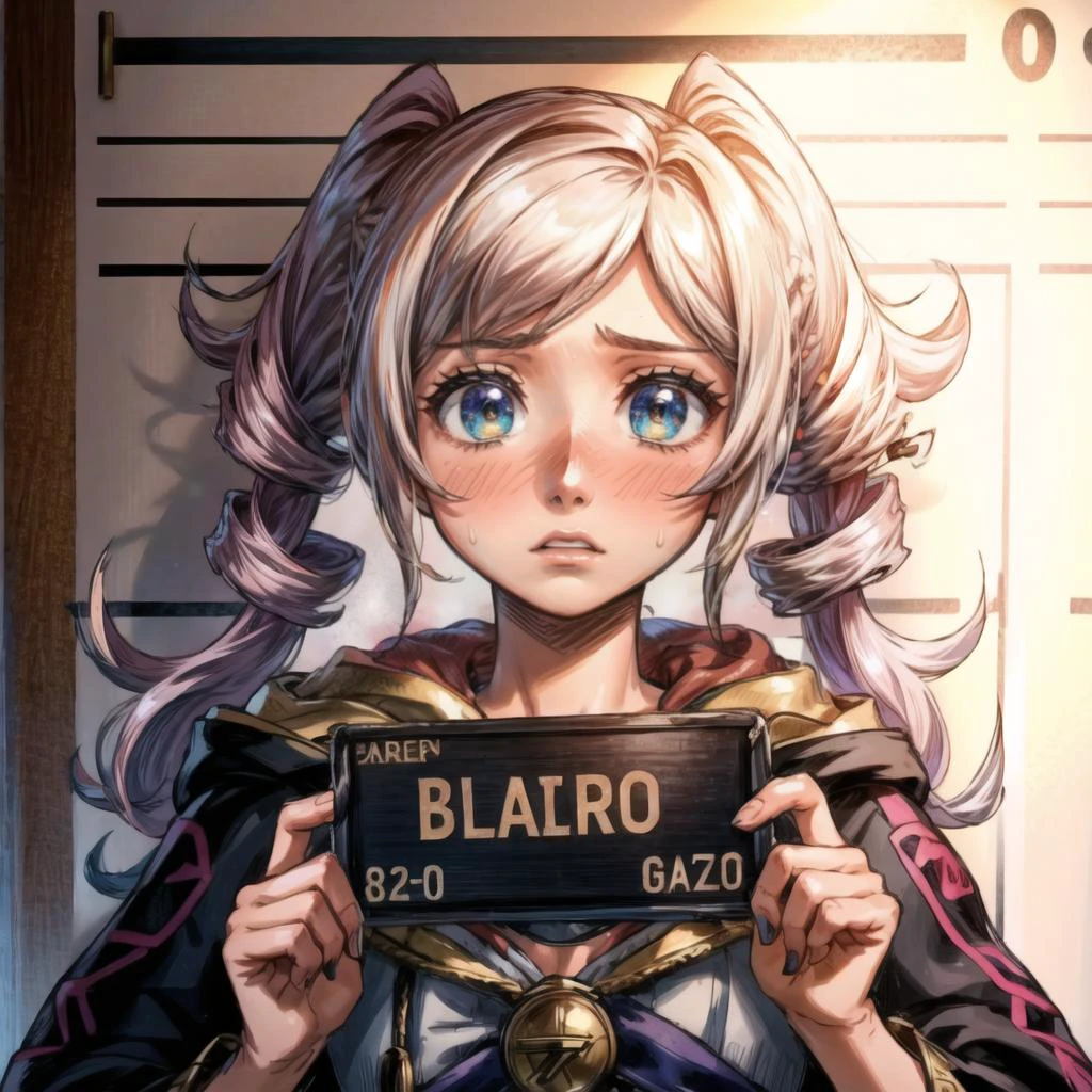 <lora:add_detail:1> <lora:GoodHands-vanilla:1>, <lora:barbie_mugshot_A:0.7>, barbie mugshot, sweatdrops, worried expression, drill hair, bow, looking at viewer <lora:fireemblem_robin_female:1>, robin fe, hood down, height chart