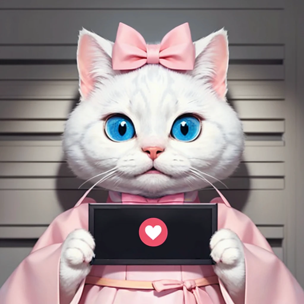 barbie mugshot, (a fat white cat, cute), holding sign, big eyes, blue eyes, grin, Slanted wearing pink bow tie headwear, pink Hanbok,
portrait, no humans,
<lora:barbie_mugshot_A:0.7>, (Chi_testv1:0.5)