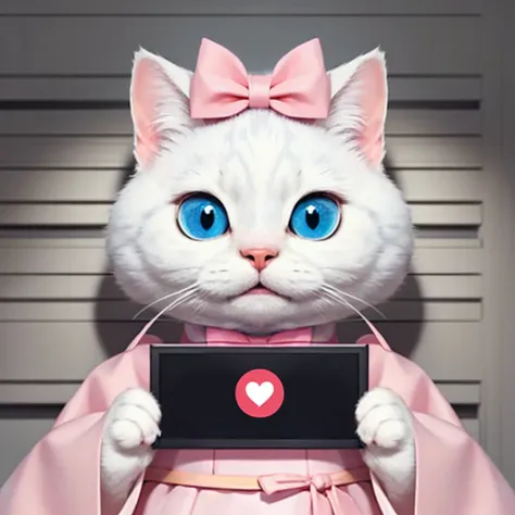 barbie mugshot, (a fat white cat, cute), holding sign, big eyes, blue eyes, grin, Slanted wearing pink bow tie headwear, pink Hanbok,
portrait, no humans,
<lora:barbie_mugshot_A:0.7>, (Chi_testv1:0.5)