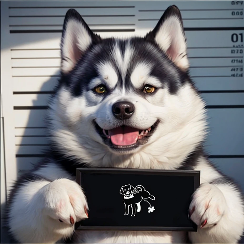 barbie mugshot, (a fat husky dog), holding sign, big eyes, evil smile,
portrait, no humans,
<lora:barbie_mugshot_A:0.5>, (Chi_testv1:0.5),