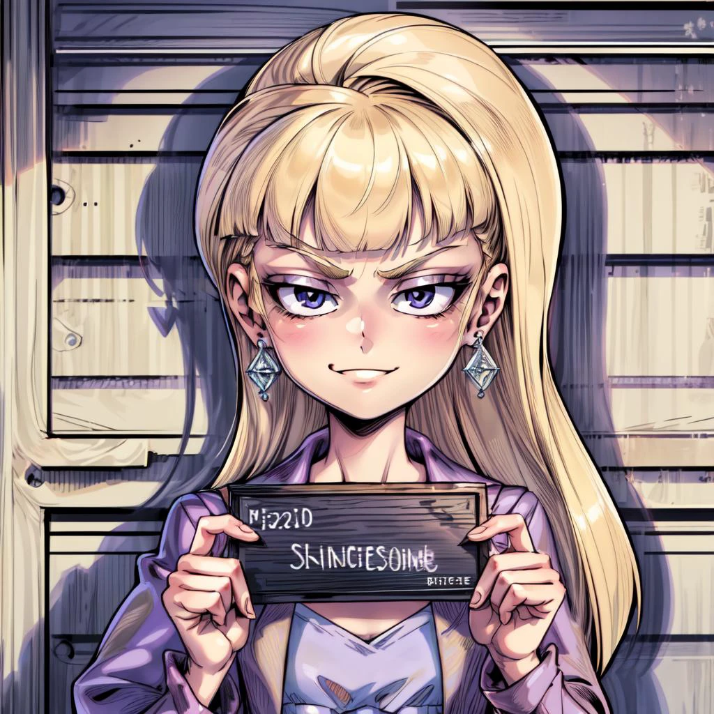 masterpiece, highly detailed,<lora:PacificaV2:.7>,<lora:more_details:.4>,<lora:add_detail:.7>,Pacifica, 1girl, solo, upper body, looking at viewer, long blonde hair, blunt bangs, (head cocked to side), (smug smile), raised eyebrow, <lyco:LycobarbieMugshot_A:.6>, barbie mugshot, holding sign, height chart, violet jacket, diamond earrings
