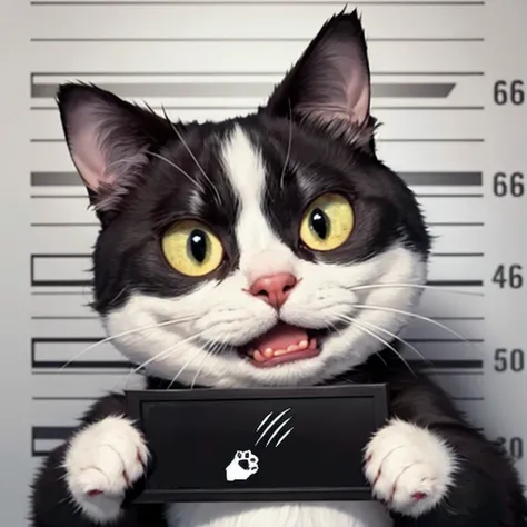 barbie mugshot, (a fat tuxedo cat), holding sign, big eyes, evil smile,
portrait, no humans,
<lora:barbie_mugshot_A:0.7>, (Chi_testv1:0.5),
