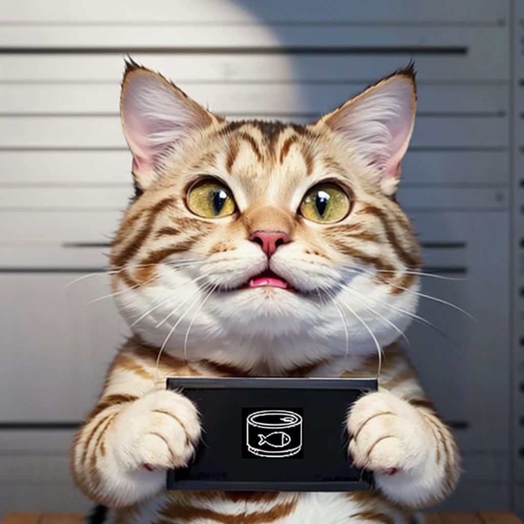 barbie mugshot, (a fat tabby cat), holding sign, big eyes, evil grin,
portrait, no humans,
<lora:barbie_mugshot_A:0.7>, (Chi_testv1:0.5),