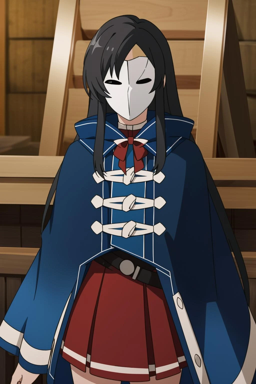 <lora:䏿éé¦1V:0.8>,䏿éé¦,black eyes,black hair,long hair,bangs,sidelocks,very long hair,white mask,
pleated skirt,red skirt,blue cape,black belt,long sleeves,striped bow,red bow,bowtie,ribbon,wide sleeves,, Exquisite visuals, high-definition,masterpiece,best quality,