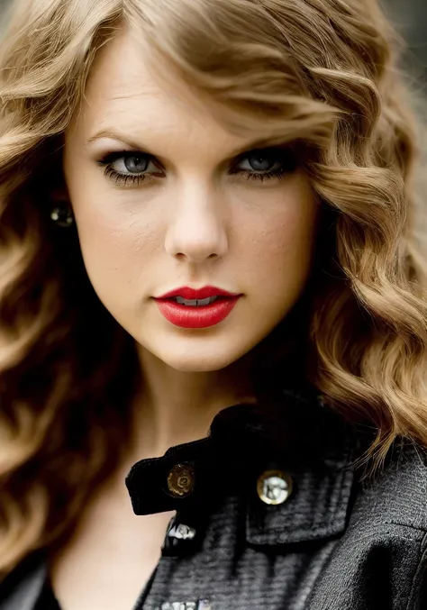 taylor swift (sharp focus:1.2), photo, attractive young woman, (beautiful face:1.1), detailed eyes, luscious lips, (winged eyeliner:0.85), (tight body:1.2), (dark hair:1.2), wearing (jacket:1.2) at a (shop:1.2). (moody lighting:1.2), depth of field, bokeh, 4K, HDR. by (James C. Christensen:1.2|Jeremy Lipking:1.1).