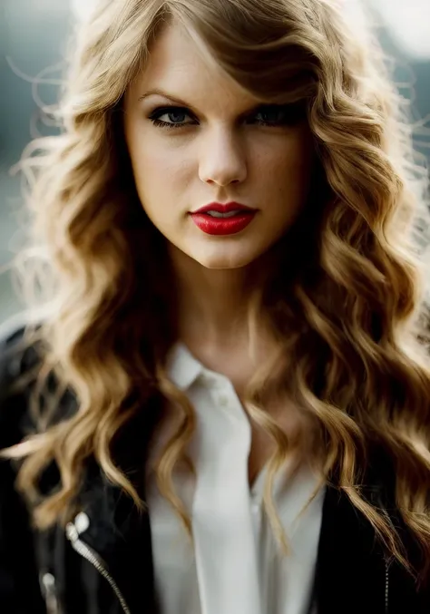 taylor swift (sharp focus:1.2), photo, attractive young woman, (beautiful face:1.1), detailed eyes, luscious lips, (winged eyeliner:0.85), (tight body:1.2), (dark hair:1.2), wearing (jacket:1.2) at a (shop:1.2). (moody lighting:1.2), depth of field, bokeh, 4K, HDR. by (James C. Christensen:1.2|Jeremy Lipking:1.1).