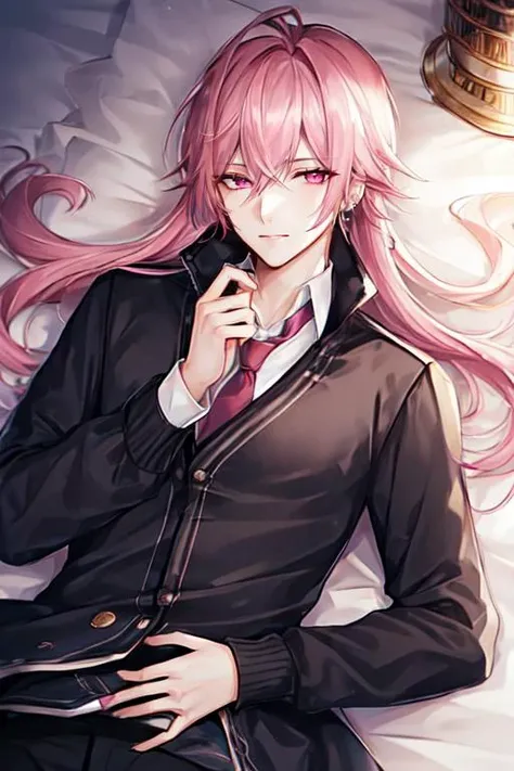 pink theme, solo, 1boy, male focus, chocolate, from above, lying, on back, sweater, long sleeves, sleeves past wrists, pink hair, pink eyes, tie, loose clothes,  <lora:Ikemen_villains_otome_game_style:0.8>