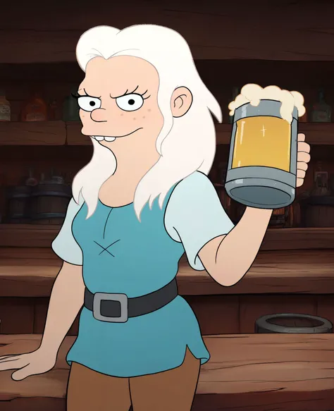 zPDXL, woman,
tiabeanie, black eyes, long white hair, buck teeth, freckles, blue tunic, belt, brown pants, looking at viewer, serious, smiling, standing, wood counter, inside bar, holding pint of beer, <lora:BeanPony1.0:1>