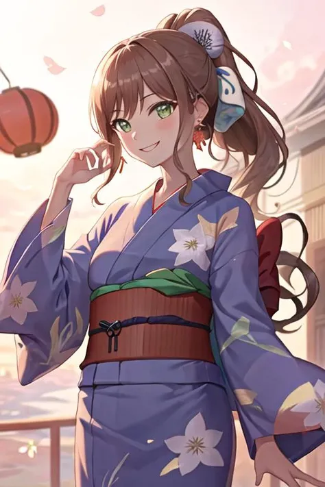 best quality, masterpiece, highres, solo, {yukata:1.40}, {kimono:1.20}, {imai_lisa_bangdream:1.15}, brown_hair, long_hair, bangs, smile, jewelry, green_eyes, earrings, blush, ponytail, sidelocks