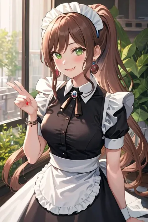 best quality, masterpiece, highres, solo, {maid:1.40}, {long maid dress:1.15}, {imai_lisa_bangdream:1.15}, brown_hair, long_hair, bangs, smile, jewelry, green_eyes, earrings, blush, ponytail, sidelocks