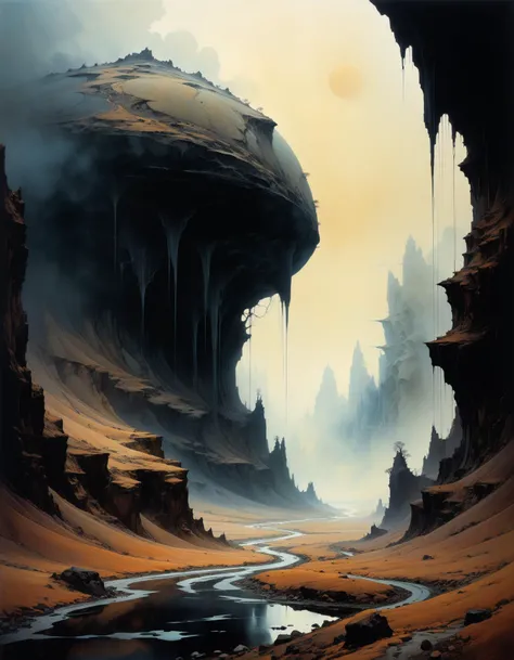 professional photograph of a bizarre otherworldly landscape by Moebius and Phil Noto and Einar Hákonarson and Stephen Gammell , bold lines, hyper detailed, dark limited palette, chiaroscuro, (intricate details, masterpiece, best quality:1.4),
<lora:add-detail-xl:1> <lora:xl_more_art-full_v1:0.5>