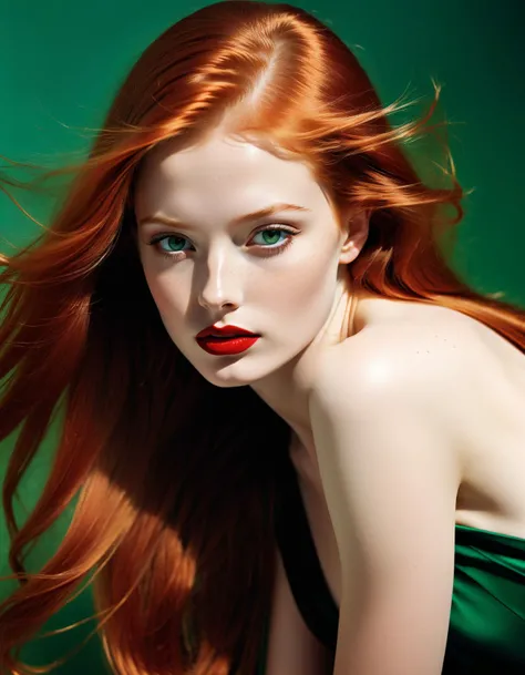 professional retro color photograph of a 18 year old redhead amateur model by Annie Leibovitz and Peter Lindberg and Helmut Newton, extremely long straight hair, flawless pale skin with freckles, emerald green eyes, glossy red lipstick, bold lines, hyper detailed, dark limited palette, chiaroscuro, (intricate details, masterpiece, best quality:1.4), mesmerizing, 80´s retro art photography, faded colors, dramatic, dynamic pose
<lora:add-detail-xl:1> <lora:xl_more_art-full_v1:0.5>