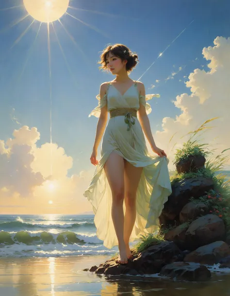 (Fairy of the Wind) age girl, dancing in the wind, steppe, water lake, thin robe, light clothing, wearing nothing, beautiful head, one girl, alone, small, bob hair style, blonde, slim body, whole body, delicate skin, clear white skin, cinematic lighting, morning sun, slender fingers, beautiful face, film light, light relative, elf, flying, floating, wind, flower, bright, blur,