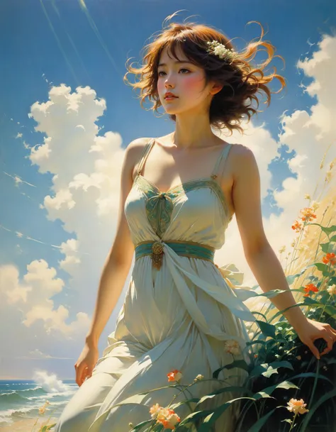 A painting of a woman in a dress standing on a beach - SeaArt AI