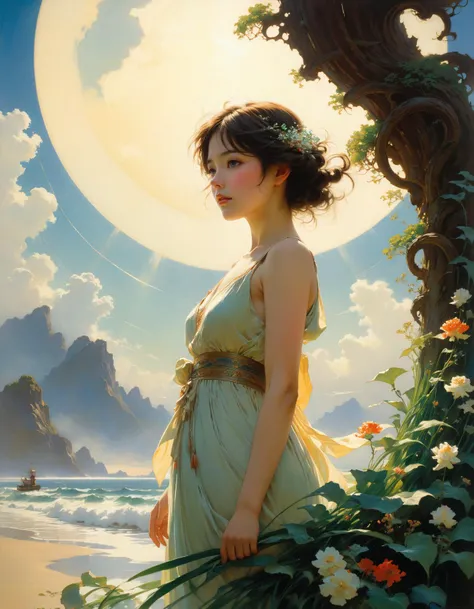 by Charles Courtney Curran and Makoto Shinkai,  (mesmerizing, masterful, beautiful:1.4), poster art, bold lines, hyper detailed, expressive,  award winning,  (otherworldly creature:1.4), (intricate details, masterpiece, best quality:1.4),
looking at viewer, dynamic pose, wide angle view,
<lora:add-detail-xl:1> <lora:xl_more_art-full_v1:0.5>