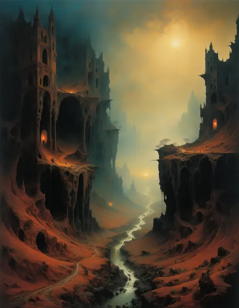 professional photograph of a gorgeous and epic landscape  by  Zdzislaw Beksinski and Richard Hamilton and nan goldin , bold lines, hyper detailed, dark limited palette, dramatic lighting,  (intricate details, masterpiece, best quality:1.4),
<lora:add-detail-xl:1> <lora:xl_more_art-full_v1:0.5>