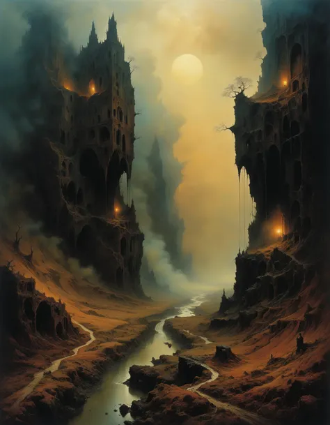 professional photograph of a gorgeous and epic landscape  by  Zdzislaw Beksinski and Richard Hamilton and nan goldin , bold lines, hyper detailed, dark limited palette, dramatic lighting,  (intricate details, masterpiece, best quality:1.4),
<lora:add-detail-xl:1> <lora:xl_more_art-full_v1:0.5>