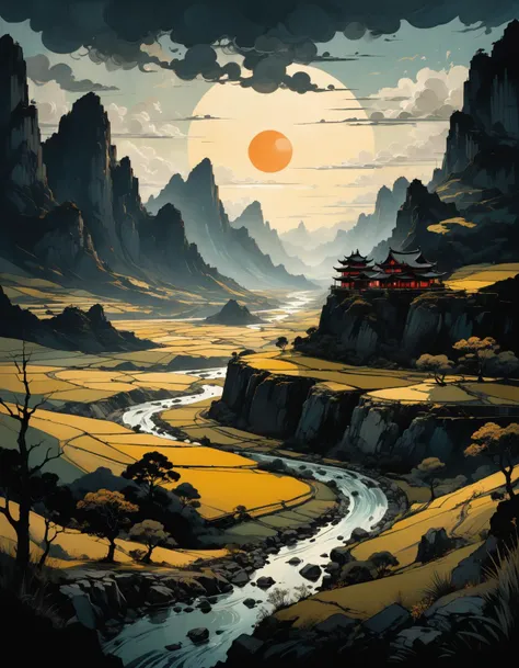 professional photograph of a tepid epic landscape  by  Abigail Larson and Dustin Nguyen and martin parr , bold lines, hyper detailed, dark limited palette, dramatic lighting,  (intricate details, masterpiece, best quality:1.4),
<lora:add-detail-xl:1> <lora:xl_more_art-full_v1:0.5>