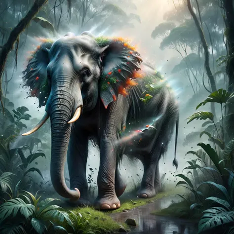 complex illustration of Sumatran Elephant, (trudging) through a dense, misty jungle, foliage vibrant against the morning dew, art by Greg Rutkowski, epic fantasy scene, vivid colors, (ethereal mist), masterpiece, fantasycore, award-winning, (dynamic) contrast, immersive depth, detailed focus, atmospheric rai-dissolve <lora:rai-dissolve-sdxl:1>