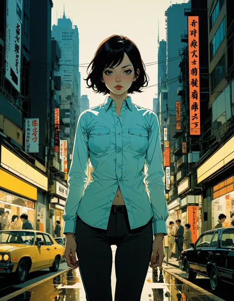 A woman with black hair looking at the night view,A woman is lighting a cigarette,The city view is like a night view., Cool black costume, neon, Hard Shadows, masterpiece, Highest quality, Complex, Landscape is the main thing, Vintage, Film Grain, Incomplete details,City Pop,Retro Pop,1980s anime illustration style