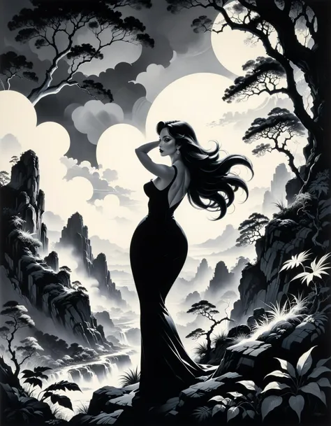 by Eyvind Earle and Clyde Caldwell, (black-and-white , exotic , masterful:1.4), poster art, bold lines, hyper detailed, expressive, award winning, (landscape:1.4), (intricate details, masterpiece, best quality:1.4),
looking at viewer, dynamic pose, wide angle view, dark limited palette, dramatic lighting,
<lora:add-detail-xl:0.5> <lora:xl_more_art-full_v1:0.5> <lora:looking_at_viewer:2> <lora:SDXLFaeTastic2400:0.4>