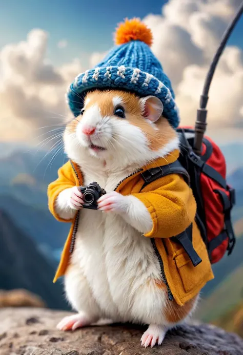 a photo with a tilt shift . selective focus, miniature effect, blurred background, highly detailed, bright, perspective control, a picture with a natural tilt (whimsically artistic), charming additional (fluffy: 1,3) chubby Dzungarian hamster in an advent urer's hat, ((He travels in the mountains, climber, climbing equipment, holds a carbine in his paws, clouds)), magical, macro photography, (charming:1.3), (luminous: 1.2), (huge flora: 1.1), mystical, vivid photography, flickering light, preoccupied, bizarre, disturbing, soft-focus, over-detailed digital art