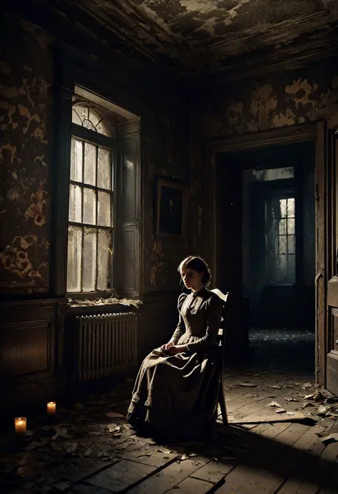 A sinister scene takes shape in the eerie confines of a Victorian-era orphanage. Inside the dimly lit and decaying building, a young girl, dressed in a tattered but ornate Victorian dress, stands as a haunting figure. The flickering candlelight casts eerie shadows on the cracked, peeling wallpaper, revealing the child's pallid, ghostly face. An old, creaking rocking chair sways ominously in the background as if moved by an unseen presence. The atmosphere is heavy with dread and mystery as the girl's eyes gleam with an otherworldly malevolence. Capture the chilling essence of this scene in your art, embodying the eerie history and dark secrets lurking within the forsaken orphanage, perfect composition, beautiful detailed intricate insanely detailed octane render trending on artstation, 8 k artistic photography, photorealistic concept art, soft natural volumetric cinematic perfect light, chiaroscuro, award - winning photograph, masterpiece, oil on canvas, raphael, caravaggio, greg rutkowski, beeple, beksinski, giger