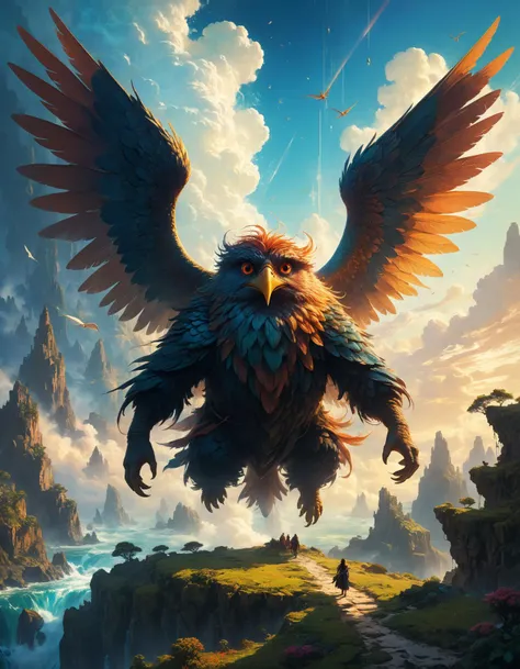 famous artwork by (beeple:1.1) and (andreas rocha:1.1) and (allen williams:1.2) and (jules breton:1.4), detailed expressive eyes, fantasy style, the regal looking superstitious nuzzleflobber, a creature of the hizzled skies, shown here with its majestic frondling wings outstretched as it soars above a regorbified realm of whammled islands and vibrant cascading dazzlefluff of planet grobshnuggler ii, poster art, bold lines, expressive drawing,  award winning, (intricate details, masterpiece, best quality:1.4),
looking at viewer, dynamic pose, wide angle view,
<lora:add-detail-xl:1> <lora:xl_more_art-full_v1:0.5>