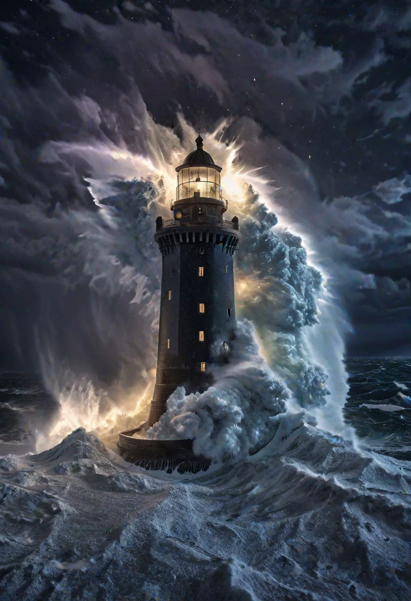 masterpiece,award winning photo,digital photo,night vision,storm,rain,big giant waves,big swell,tall lighthouse under the snow,snowfall,sunset,cultural heritage,8k brittle light,epic,intricate detail