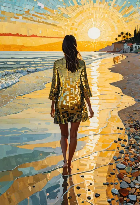 (digital art by Peter Doig and Andrea Pisano:1.2),
Woman walking on the beach, golden hour,
aesthetic of mosaic art, unconventional supreme masterpiece,
masterful details, temperate atmosphere.(balanced center composition, :0.5)