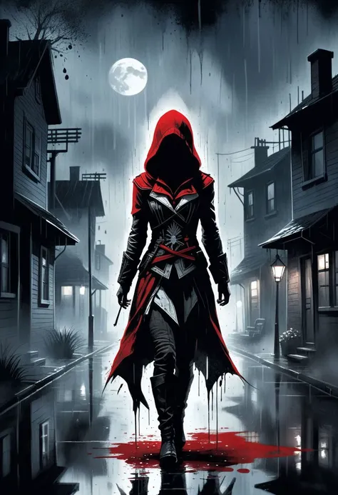 Ink illustration, female assassin s creed version of little red riding hood, rain, moon, night, eerily dark suburban street, ominous, silhouette, black and gray, reflection, fog, blurry, eerie light, wide shot, limited palette, tense, disturbing, unsettling, one isolated red stain, ink splatters, ink runs, ink spots, faded ink,  linquivera, ais-sinisterz