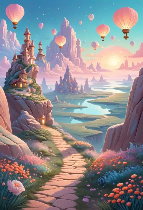 a whimsical journey, path meandering into an undefined horizon, surrounded by a surreal landscape, peculiar flora and fauna, quirky rock formations, pastel-colored sky, floating lanterns guiding the way, sense of anticipation, highly detailed, ultra clear, digital painting.