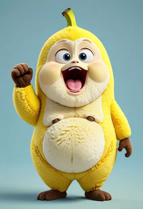 chubby cute fluffy fat ((banana)) belly, furry staff toy, funny facial expression, exaggerated action, 3D character, a bit fluffy, elougate shapes, cartoon style, minimalist, HD, high detailed, 8k