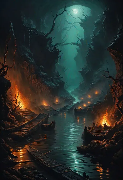 The river styx underworld, oil painting, done with japanese brush technique, realistic, extreme detail, scary, terrifying, dark and warm environment, 8k