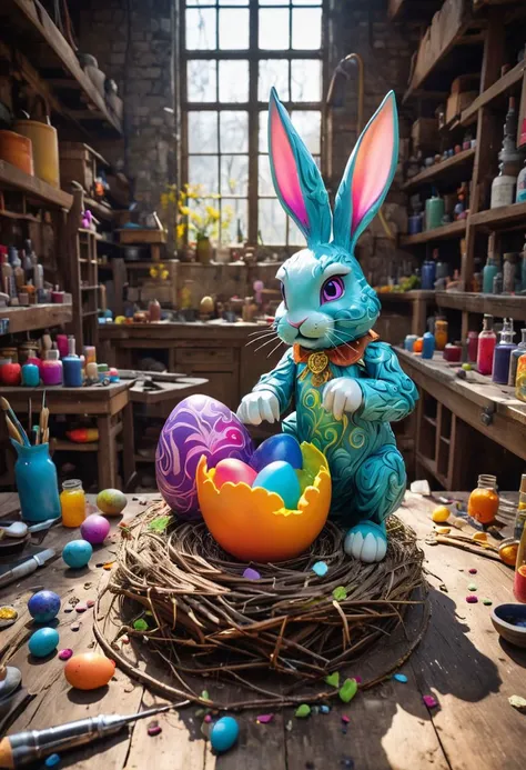 Masterpiece (wide angle shot) , Easterbunny crafting an incantation, (creating a little colorful magic egg in a nest:1.6), standing on an old carved table in a colorful factory laboratory. fantastic view.
<lora:xl_more_art-full_v1:0.5> <lora:EnvyInkSwirlXL01:0.3> swirling ink