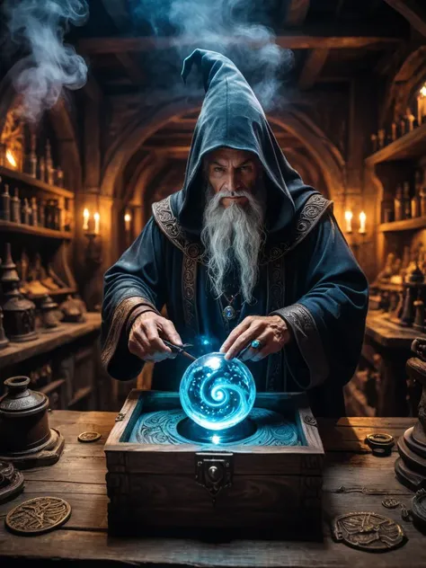 Masterpiece (wide angle shot) , old sorcerer crafting an incantation, (creating a little magic city in a box:1.9), standing on an old carved table in a mage laboratory. (night ambiance:1.6), dark brooding magic look, fantastic view.
<lora:xl_more_art-full_v1:0.5>  <lora:EnvyInkSwirlXL01:0.3> swirling ink