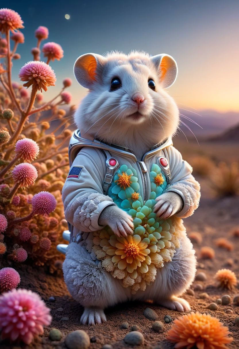 Award winning photograph, Dzungarian hamster in astronaut robe in Imagine alien flora on a remote planet, its petals shimmering with iridescent hues unseen on Earth. Each delicate petal ripples like liquid, refracting the sparse light into a mesmerizing display of colors. Amidst barren terrain, it stands as a beacon of vibrant life, emitting a faint, ethereal glow. Its fragrance, a mix of exotic spices and sweet nectar, beckons travelers to pause and marvel at its otherworldly beauty. Low light, bioluminescent flora. <lora:RMSDXL_Creative:3> <lora:RMSDXL_Enhance:2> <lora:ral-trichome:0.8> ral-trichom