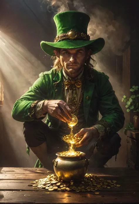 cinematic dark photo  of a leprechaun protecting his cauldron of shining gold, coins are stacked around the wooden tabletop, bunches of clover tied with gold rope, perfect defined face, small background lighting emitted rainbow rays,(low key lighting:1.2), perfect  hands,(shadows:1.6),